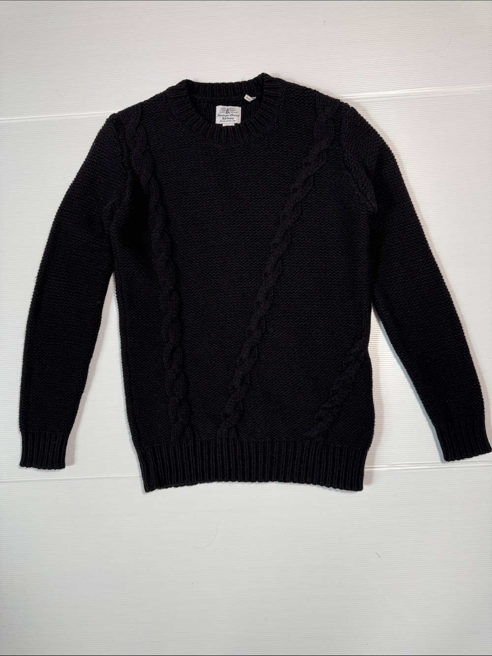 BARBOUR Hertiage Brand Classic Black Cable-Knit Crewneck Sweater Wool Cashmere S